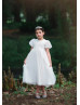 Puff Sleeves White Sequin Tulle Scallops Flower Girl Dress